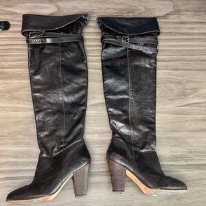 POUR LA VICTOIRE OVER THE KNEE BROWN LEATHER BADDIE BOOTS 8